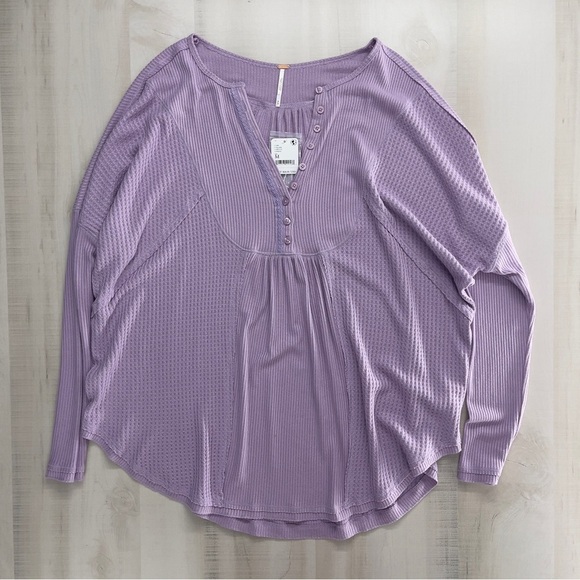 nwt FREE PEOPLE purple lilac waffle knit long sleeve oversized soft boho top M - Picture 1 of 6